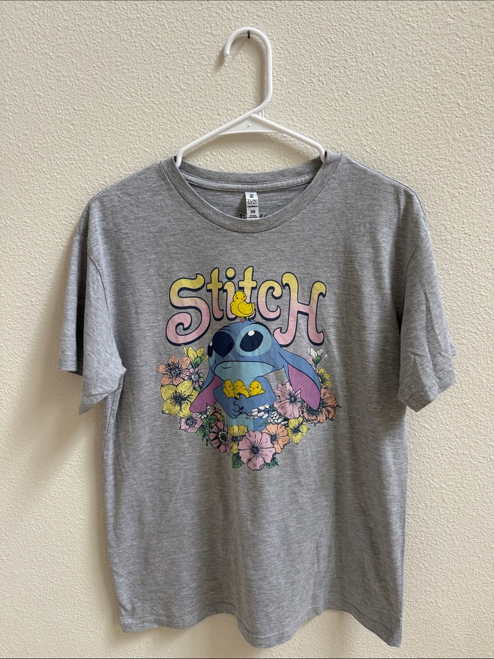 Disney Stitch Ducklings Floral Graphic Tee Heather Gray T-Shirt XS